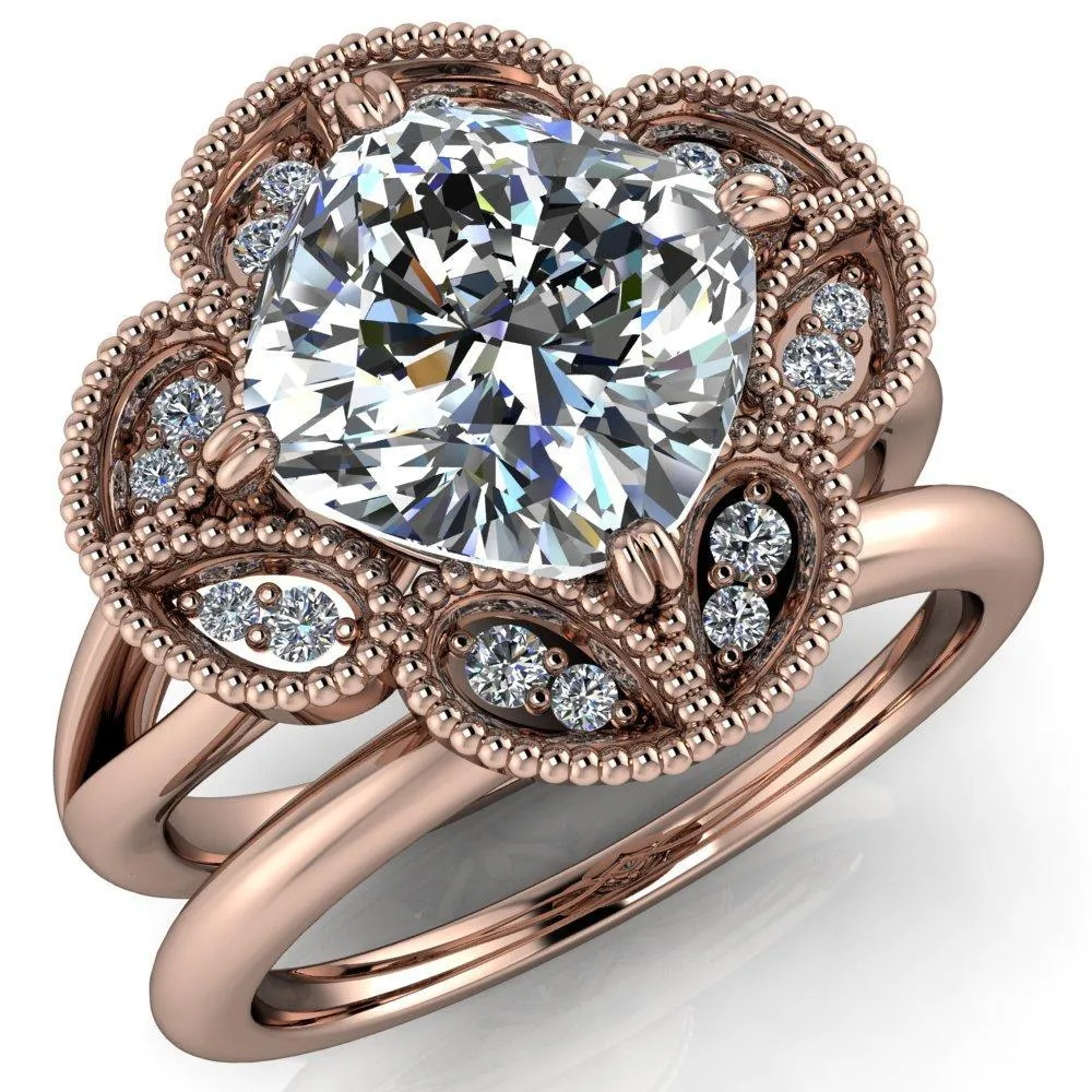 Nalani Cushion Center Stone Split Shank Double Prong Cathedral Set Clover Halo Engagement Ring
