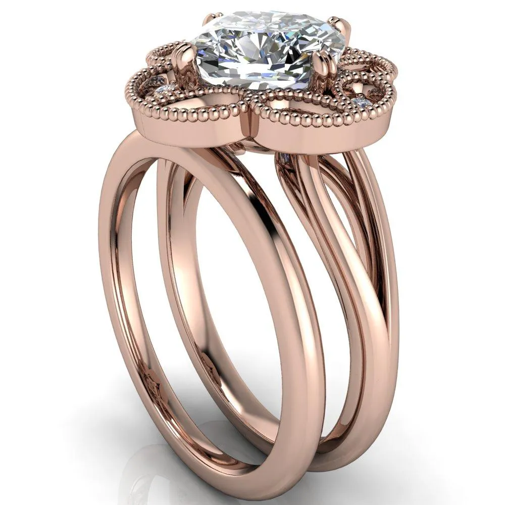 Nalani Cushion Center Stone Split Shank Double Prong Cathedral Set Clover Halo Engagement Ring