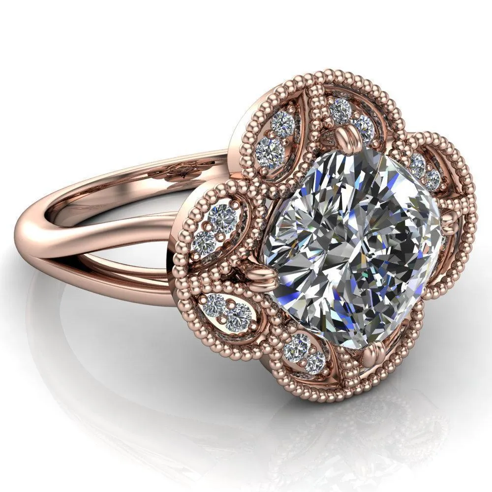 Nalani Cushion Center Stone Split Shank Double Prong Cathedral Set Clover Halo Engagement Ring