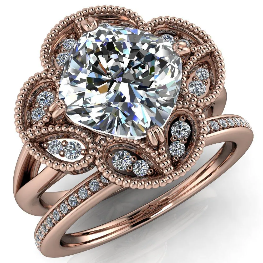 Nalani Cushion Center Stone Split Shank Double Prong Cathedral Set Clover Halo Engagement Ring