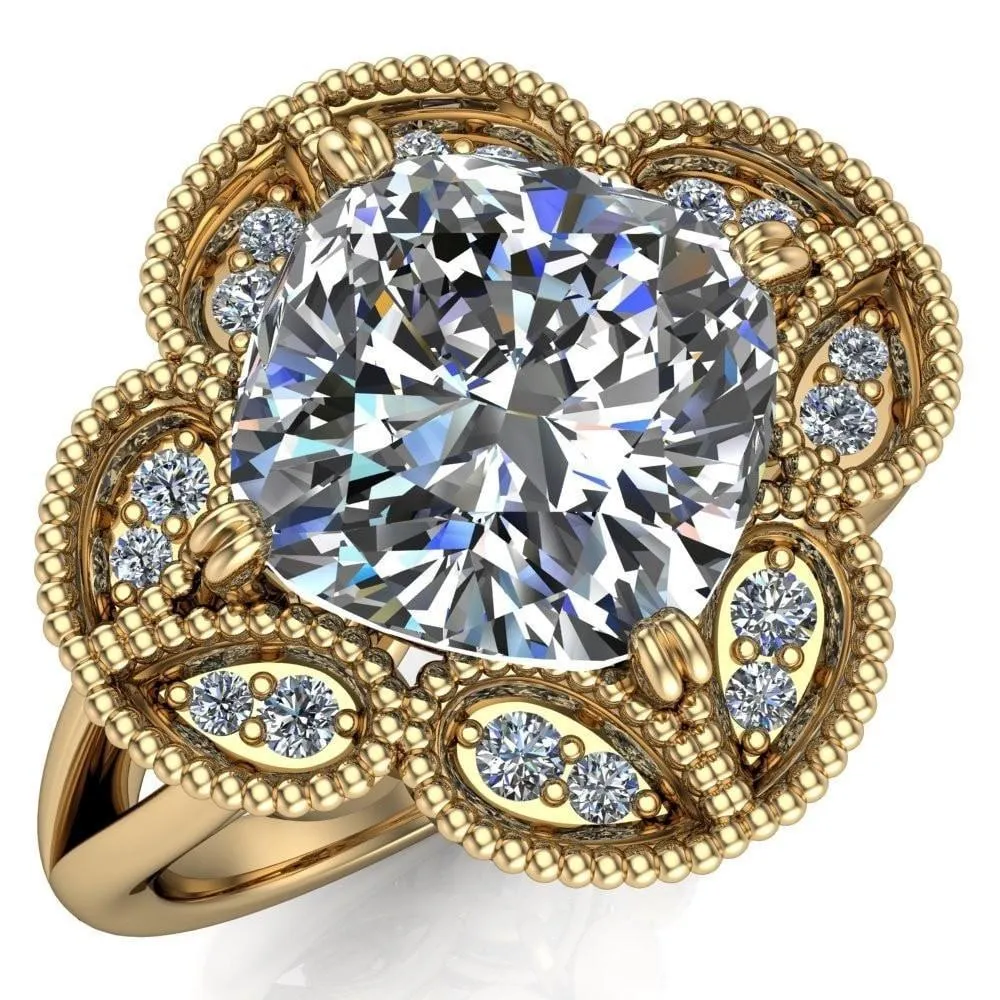 Nalani Cushion Center Stone Split Shank Double Prong Cathedral Set Clover Halo Engagement Ring