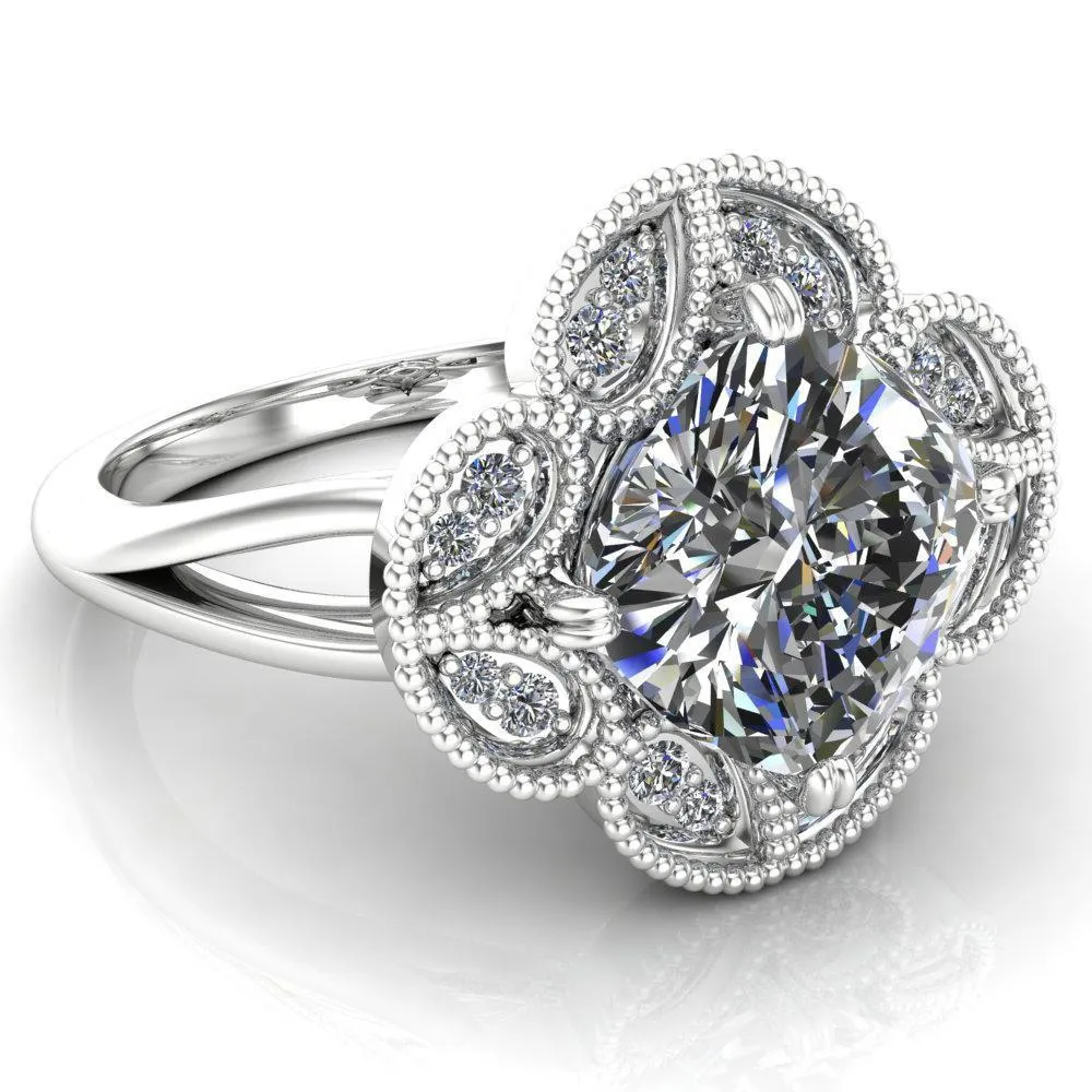 Nalani Cushion Center Stone Split Shank Double Prong Cathedral Set Clover Halo Engagement Ring
