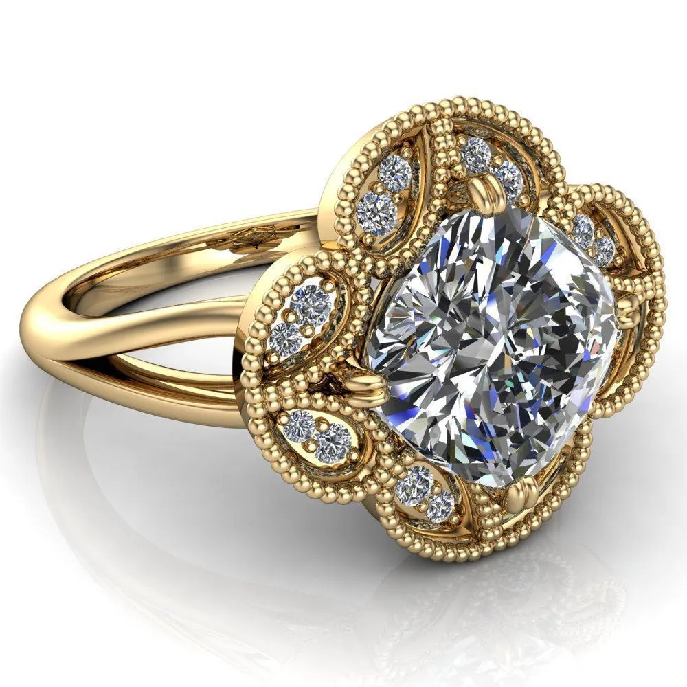 Nalani Cushion Center Stone Split Shank Double Prong Cathedral Set Clover Halo Engagement Ring