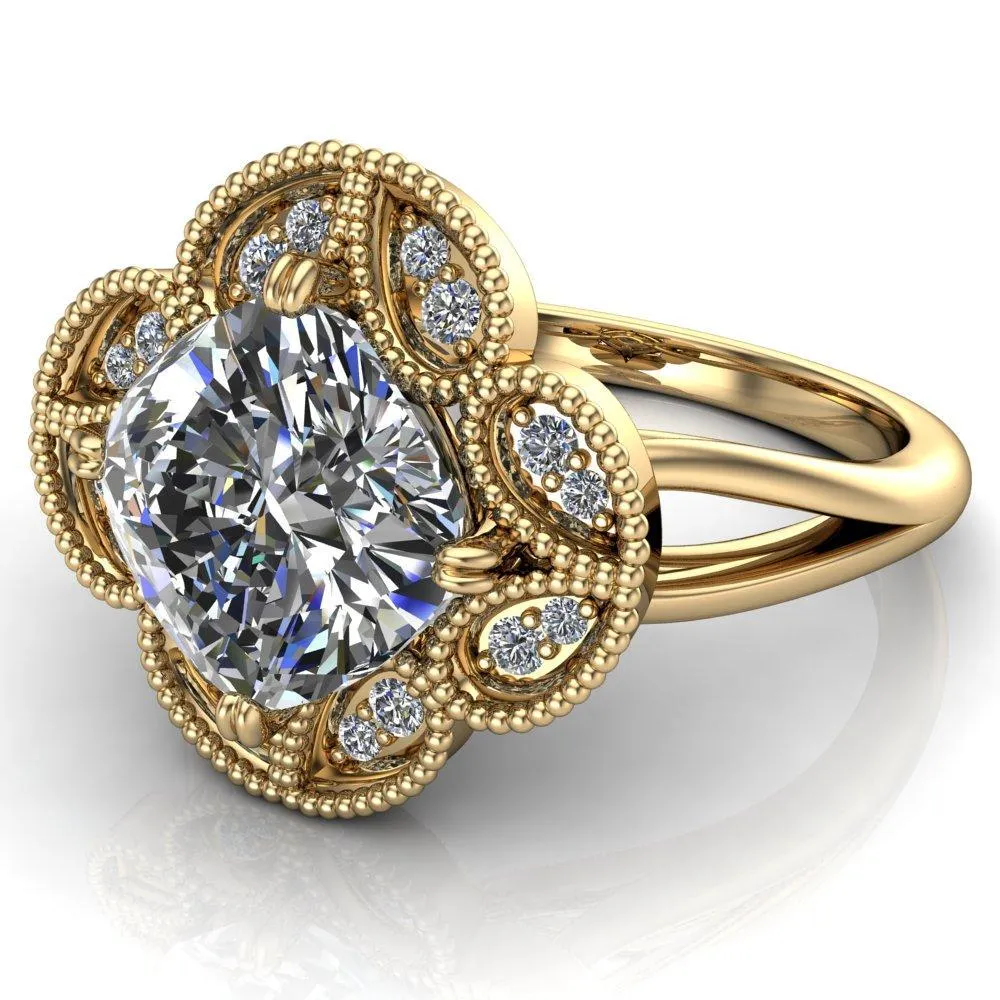 Nalani Cushion Center Stone Split Shank Double Prong Cathedral Set Clover Halo Engagement Ring