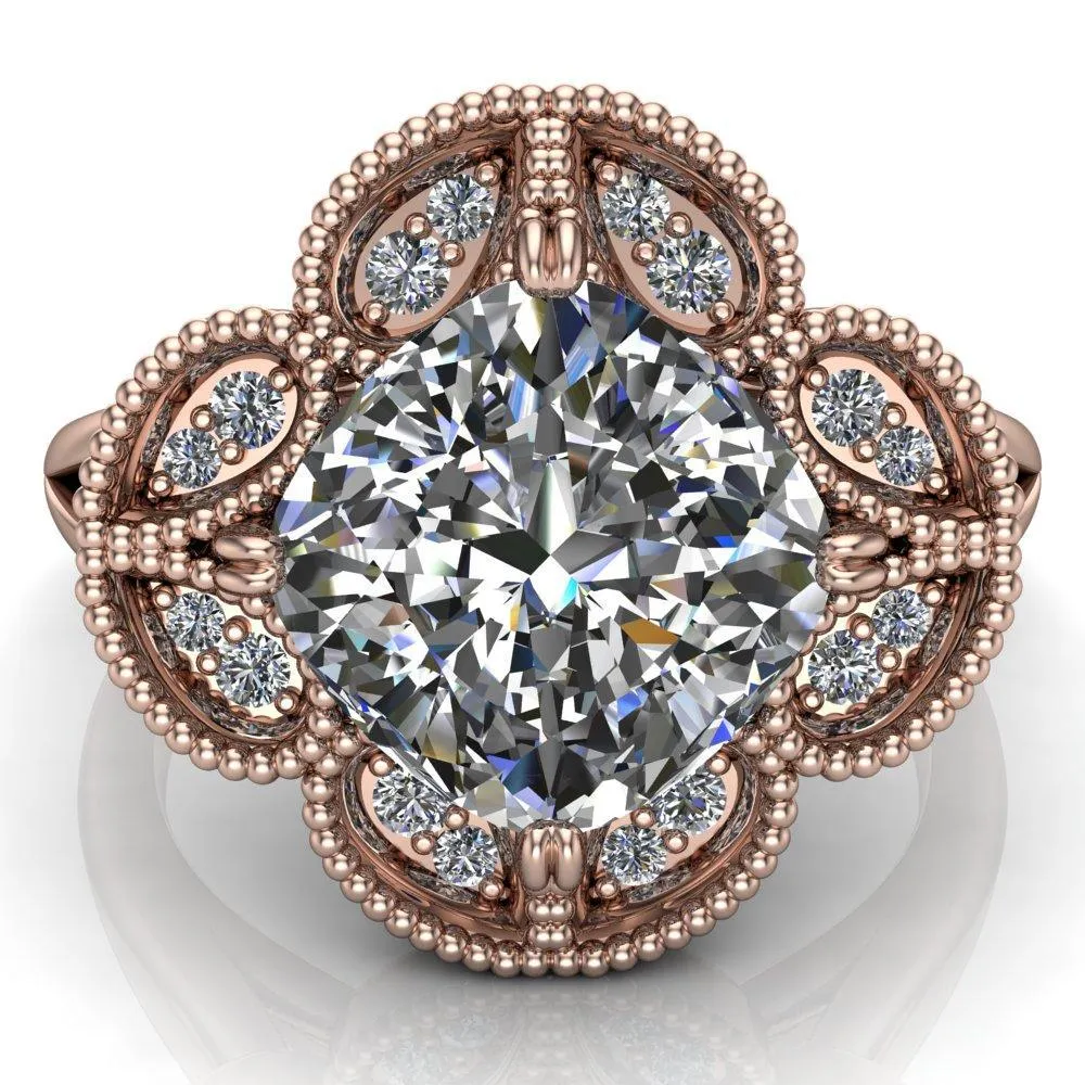 Nalani Cushion Center Stone Split Shank Double Prong Cathedral Set Clover Halo Engagement Ring