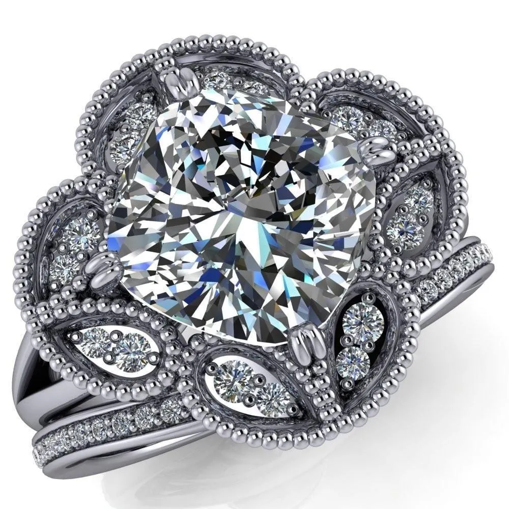 Nalani Cushion Center Stone Split Shank Double Prong Cathedral Set Clover Halo Engagement Ring