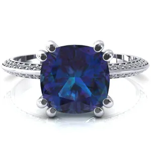 Nancy Cushion Alexandrite 4 Double Prong 1/2 Eternity Diamond Knife Shank Accent Engagement Ring