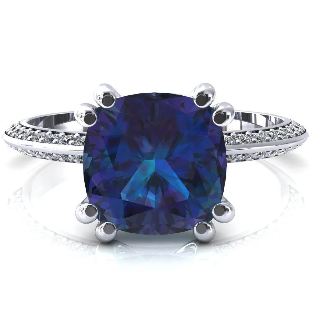 Nancy Cushion Alexandrite 4 Double Prong 1/2 Eternity Diamond Knife Shank Accent Engagement Ring