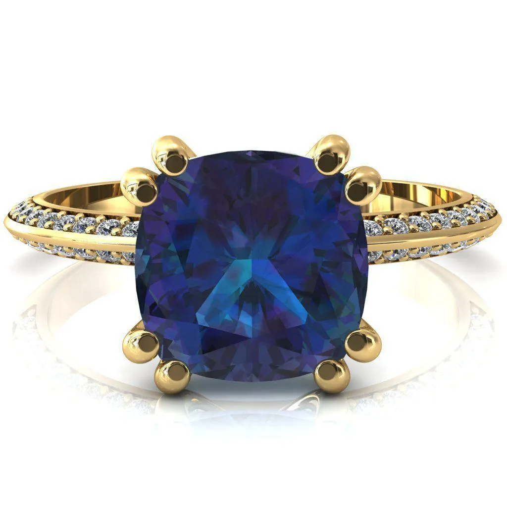 Nancy Cushion Alexandrite 4 Double Prong 1/2 Eternity Diamond Knife Shank Accent Engagement Ring