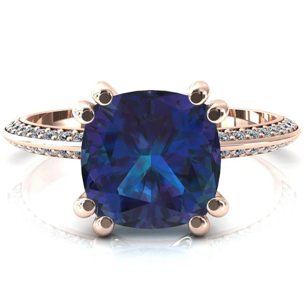 Nancy Cushion Alexandrite 4 Double Prong 1/2 Eternity Diamond Knife Shank Accent Engagement Ring