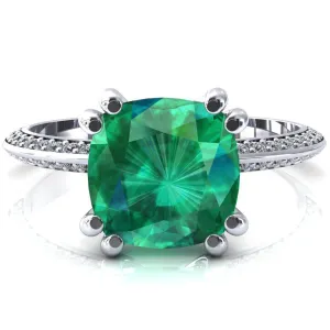 Nancy Cushion Emerald 4 Double Prong 1/2 Eternity Diamond Knife Shank Accent Engagement Ring