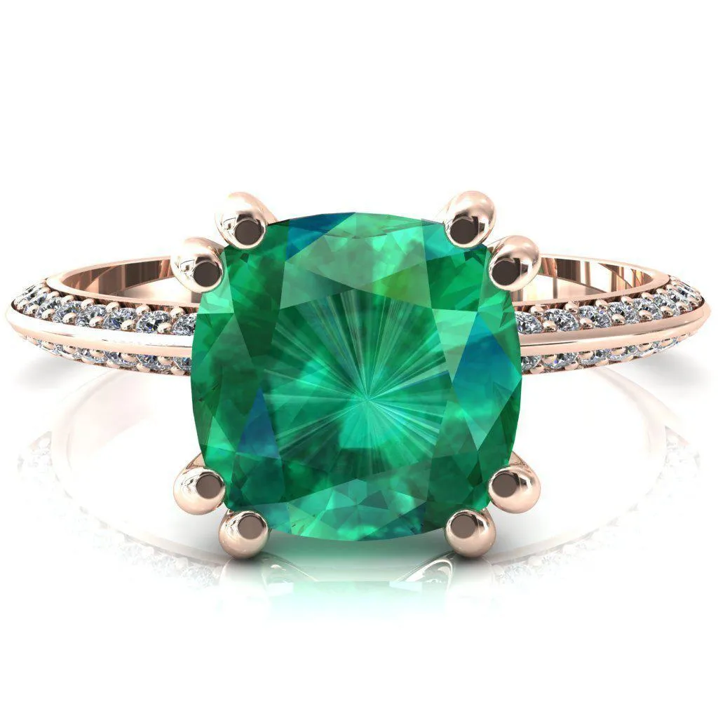 Nancy Cushion Emerald 4 Double Prong 1/2 Eternity Diamond Knife Shank Accent Engagement Ring