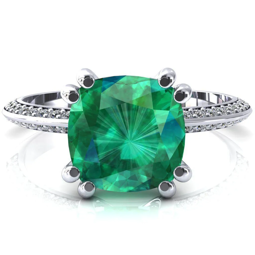 Nancy Cushion Emerald 4 Double Prong 1/2 Eternity Diamond Knife Shank Accent Engagement Ring