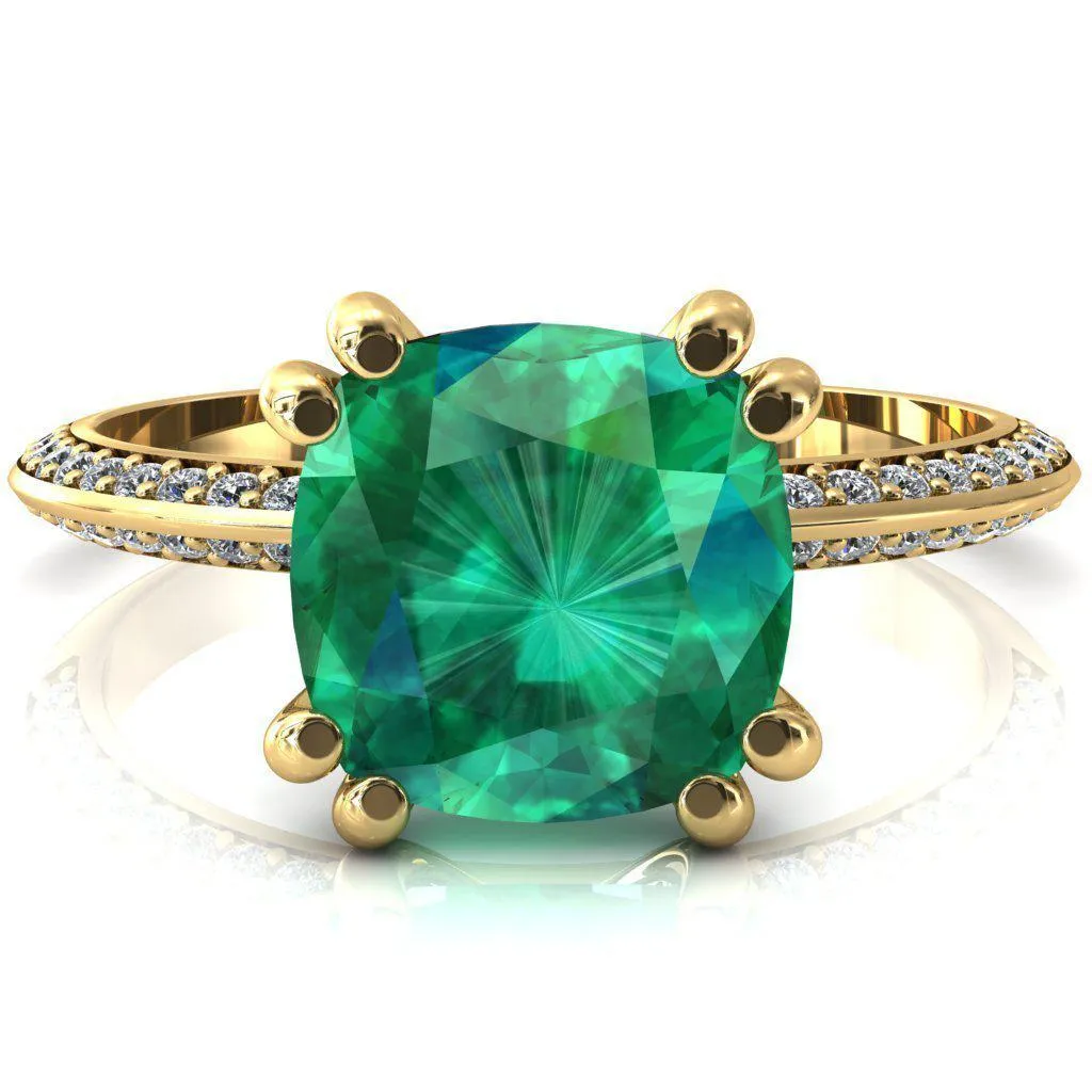 Nancy Cushion Emerald 4 Double Prong 1/2 Eternity Diamond Knife Shank Accent Engagement Ring