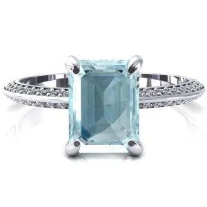 Nancy Emerald Aqua Blue Spinel 4 Prong 1/2 Eternity Diamond Knife Shank Accent Engagement Ring