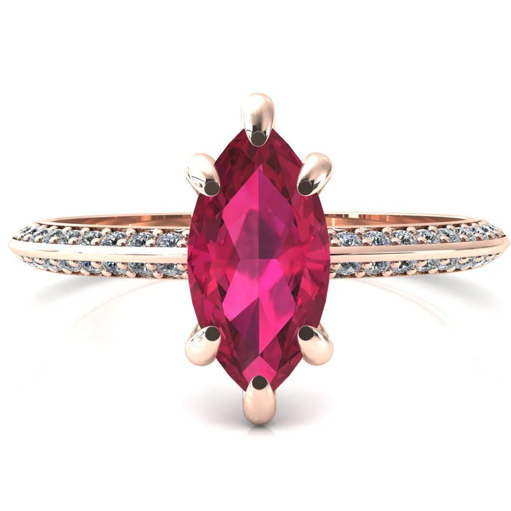 Nancy Marquise Ruby 6 Prong 1/2 Eternity Diamond Knife Shank Accent Engagement Ring