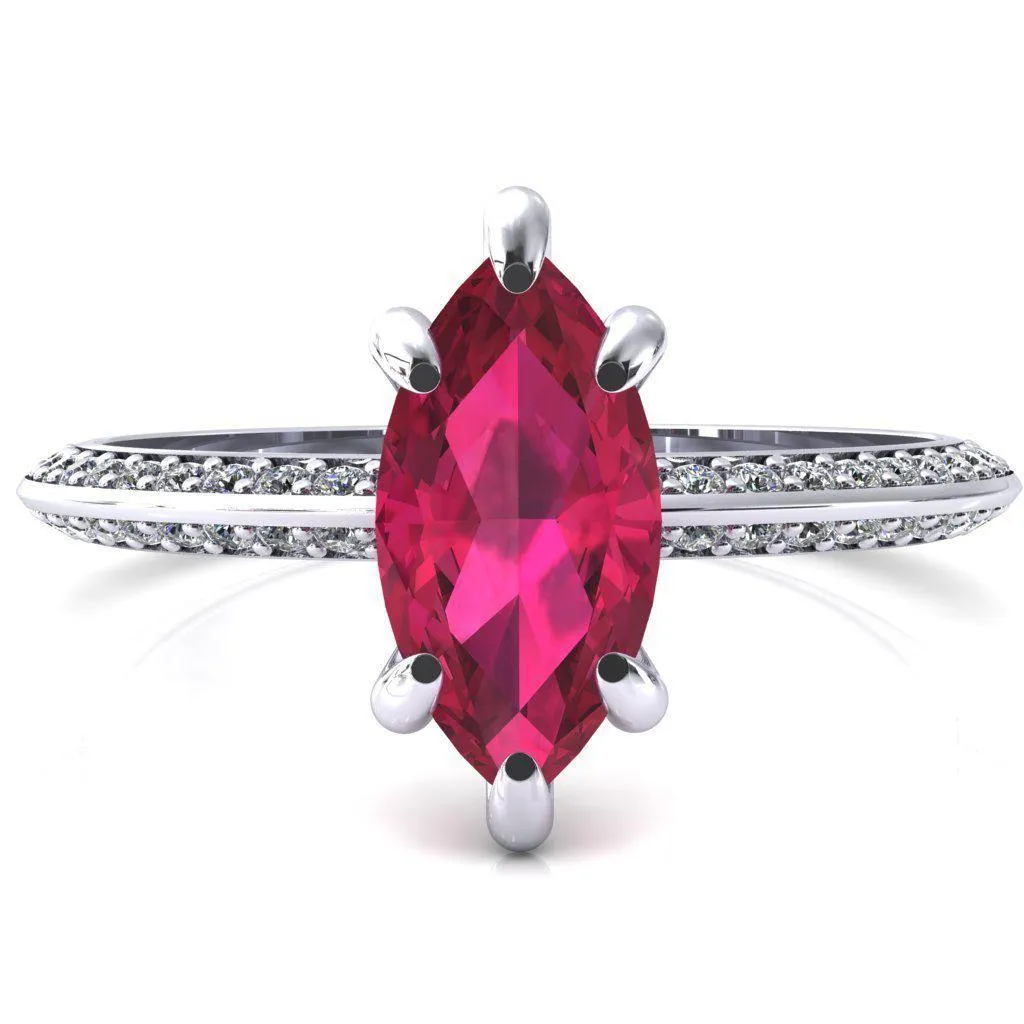 Nancy Marquise Ruby 6 Prong 1/2 Eternity Diamond Knife Shank Accent Engagement Ring
