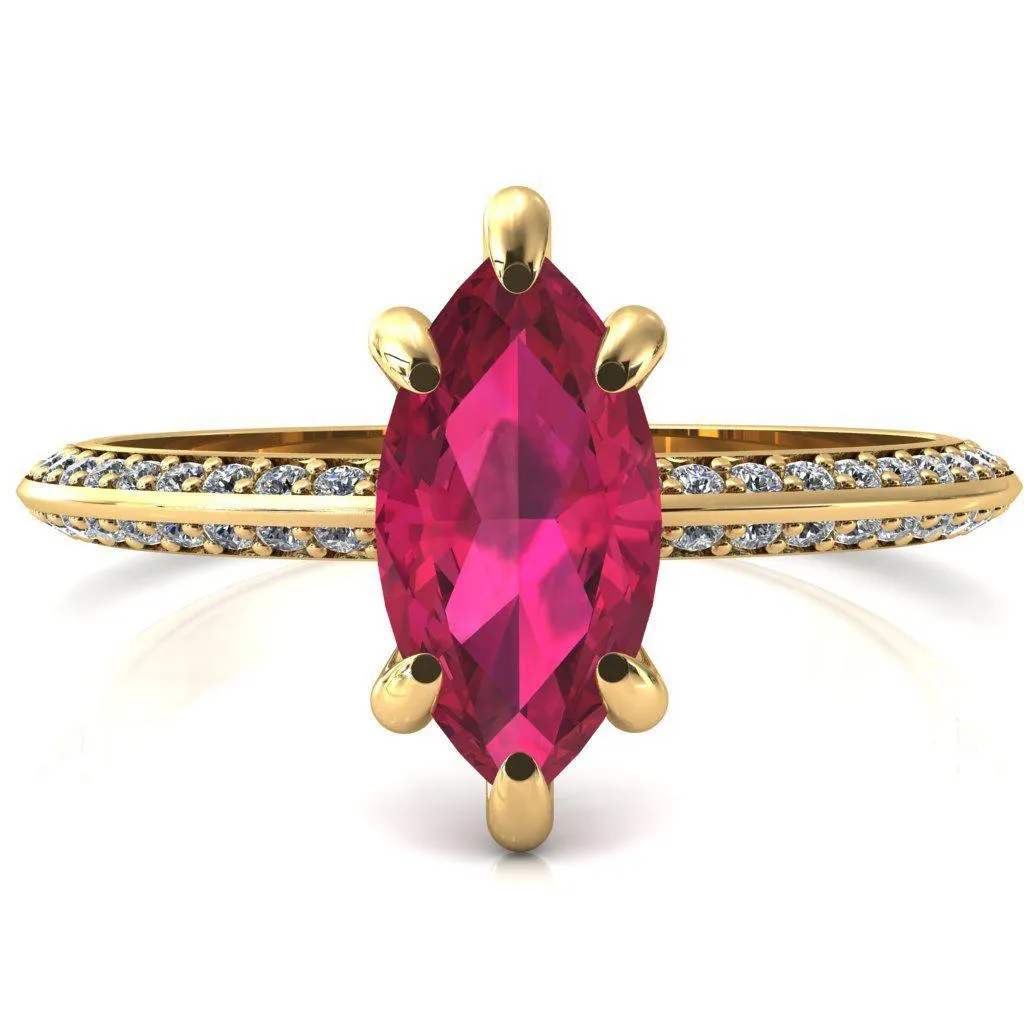 Nancy Marquise Ruby 6 Prong 1/2 Eternity Diamond Knife Shank Accent Engagement Ring