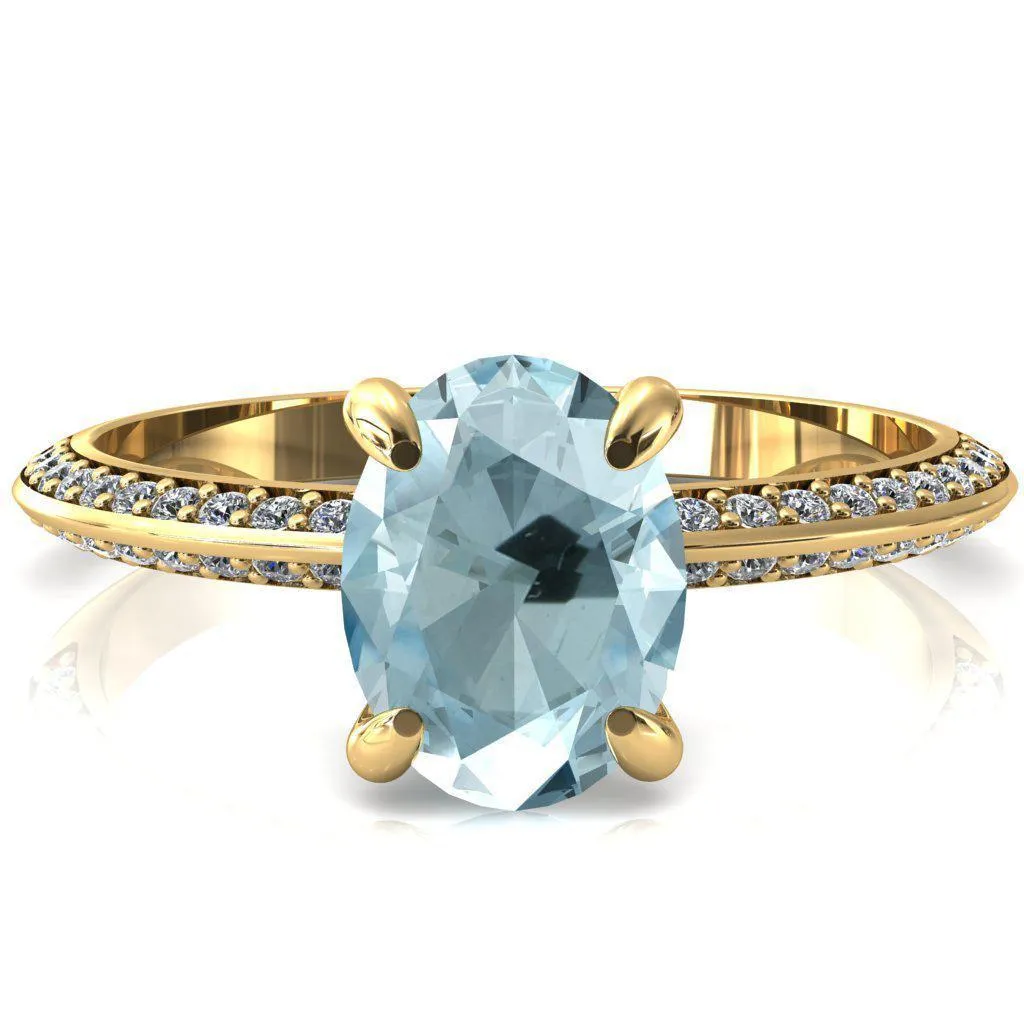 Nancy Oval Aqua Blue Spinel 4 Prong 1/2 Eternity Diamond Knife Shank Accent Engagement Ring