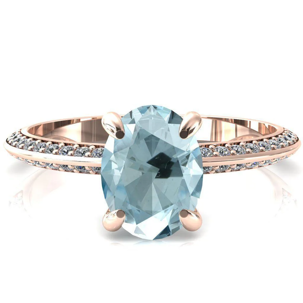 Nancy Oval Aqua Blue Spinel 4 Prong 1/2 Eternity Diamond Knife Shank Accent Engagement Ring