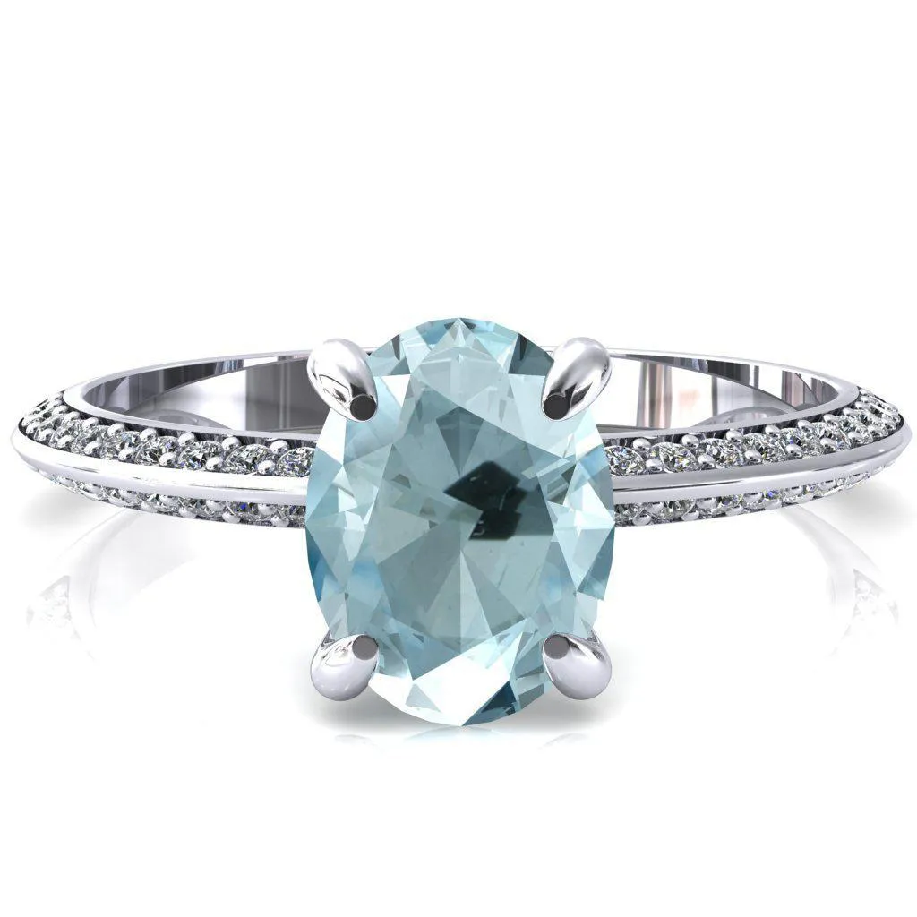 Nancy Oval Aqua Blue Spinel 4 Prong 1/2 Eternity Diamond Knife Shank Accent Engagement Ring