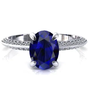 Nancy Oval Blue Sapphire 4 Prong 1/2 Eternity Diamond Knife Shank Accent Engagement Ring