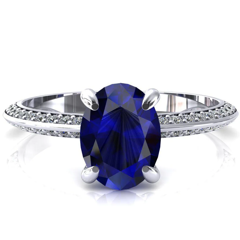 Nancy Oval Blue Sapphire 4 Prong 1/2 Eternity Diamond Knife Shank Accent Engagement Ring