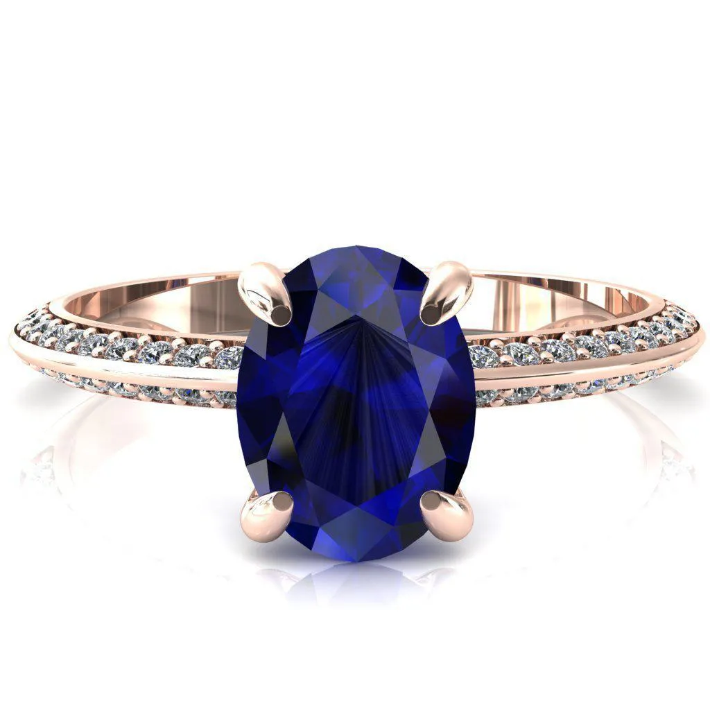 Nancy Oval Blue Sapphire 4 Prong 1/2 Eternity Diamond Knife Shank Accent Engagement Ring