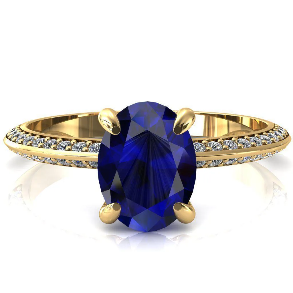 Nancy Oval Blue Sapphire 4 Prong 1/2 Eternity Diamond Knife Shank Accent Engagement Ring