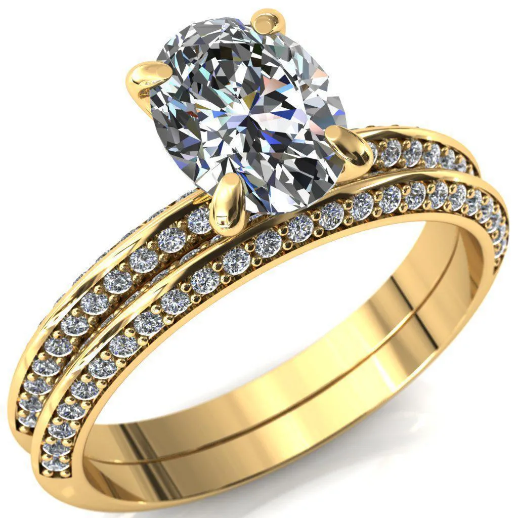 Nancy Oval Center Stone 4 Prong 1/2 Eternity Diamond Knife Shank Accent Engagement Ring