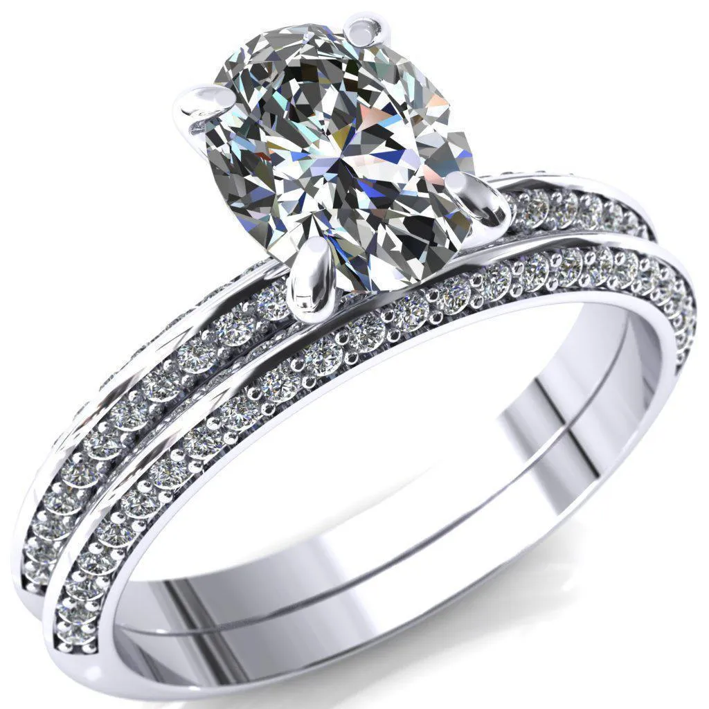 Nancy Oval Center Stone 4 Prong 1/2 Eternity Diamond Knife Shank Accent Engagement Ring