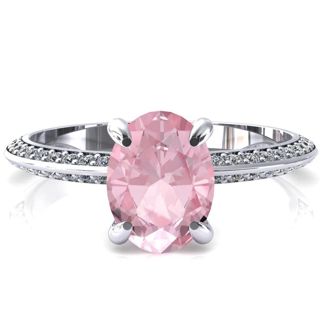 Nancy Oval Pink Sapphire 4 Prong 1/2 Eternity Diamond Knife Shank Accent Engagement Ring