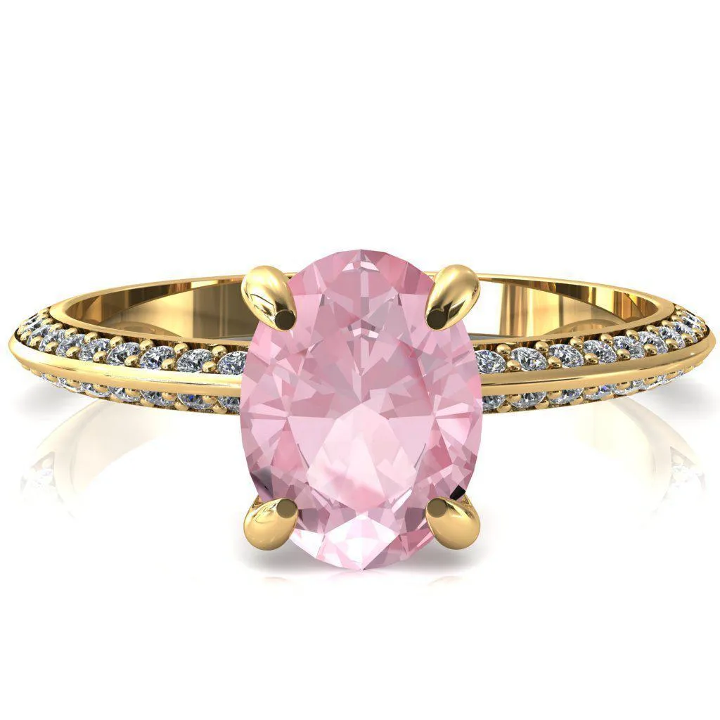 Nancy Oval Pink Sapphire 4 Prong 1/2 Eternity Diamond Knife Shank Accent Engagement Ring