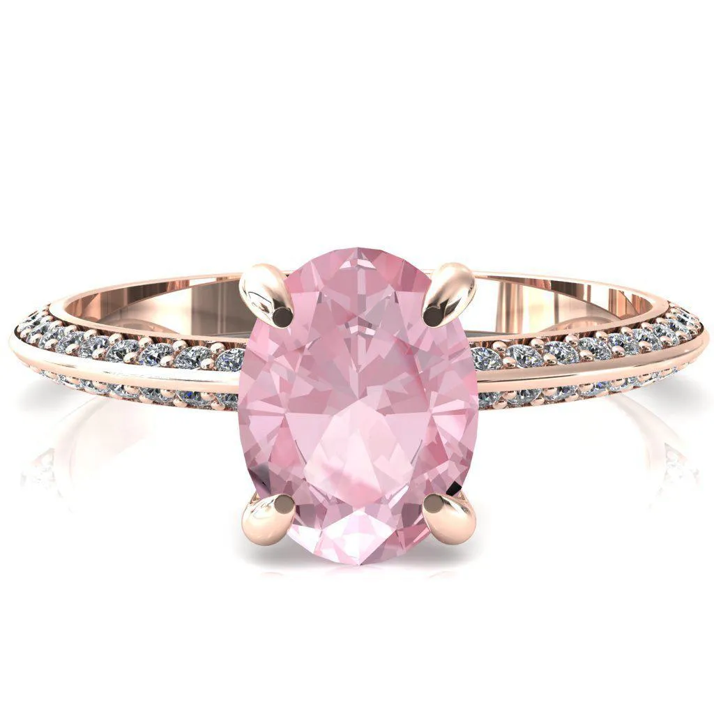 Nancy Oval Pink Sapphire 4 Prong 1/2 Eternity Diamond Knife Shank Accent Engagement Ring