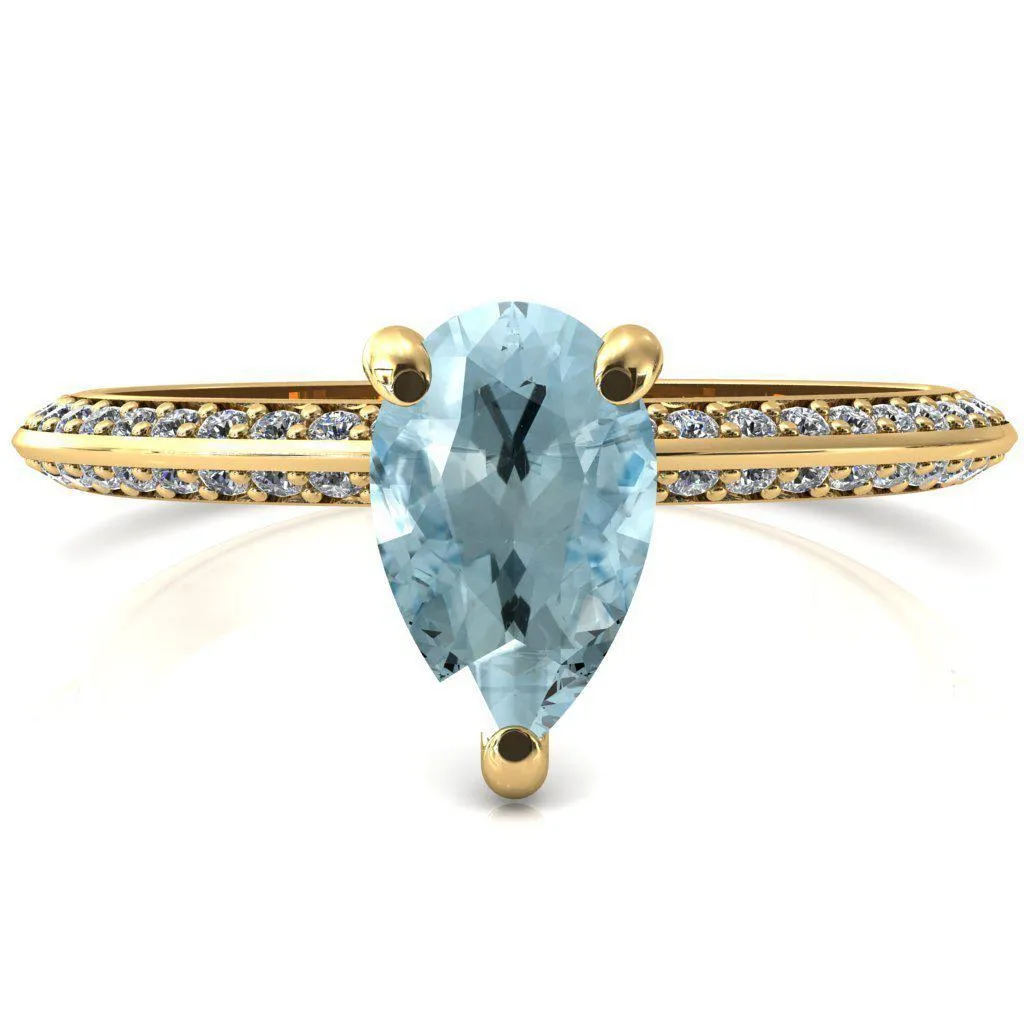 Nancy Pear Aqua Blue Spinel 3 Prong 1/2 Eternity Diamond Knife Shank Accent Engagement Ring