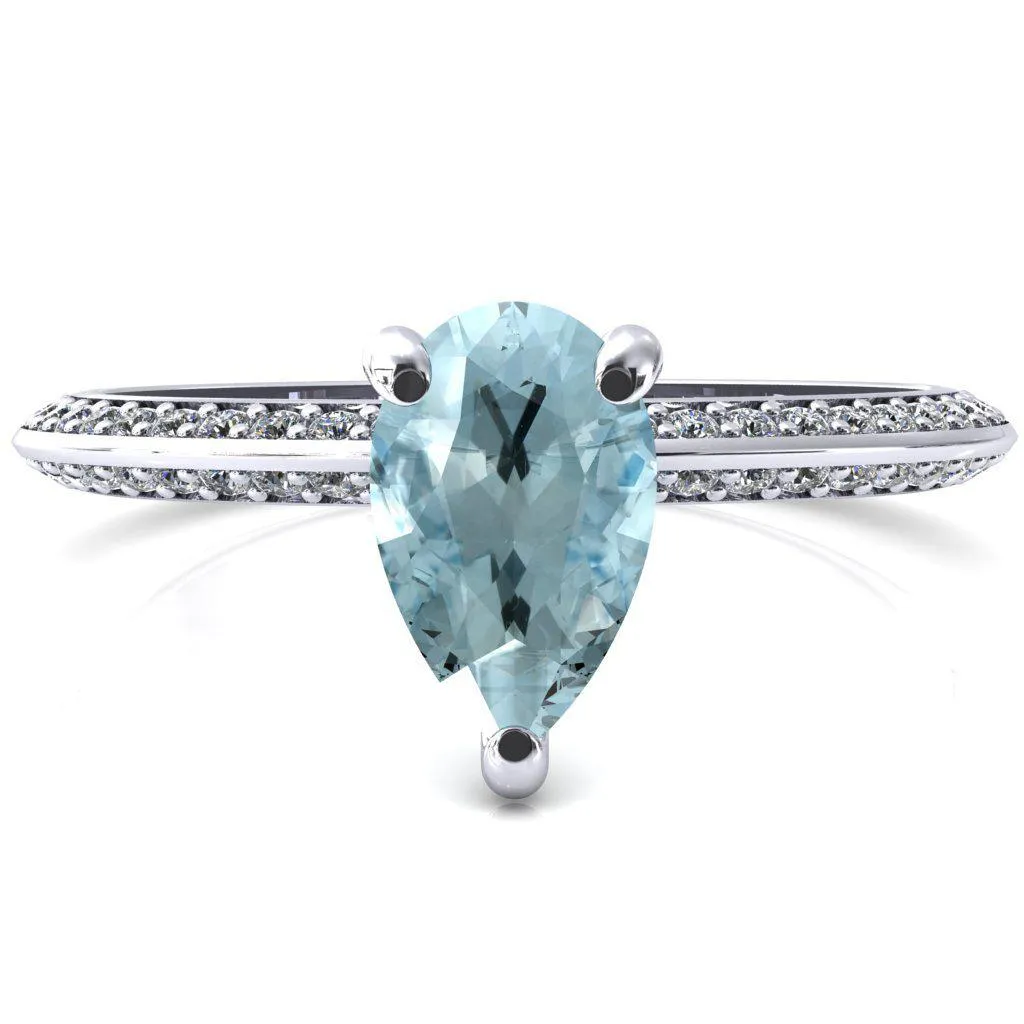 Nancy Pear Aqua Blue Spinel 3 Prong 1/2 Eternity Diamond Knife Shank Accent Engagement Ring