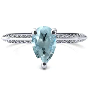 Nancy Pear Aqua Blue Spinel 3 Prong 1/2 Eternity Diamond Knife Shank Accent Engagement Ring
