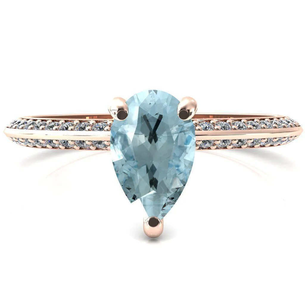 Nancy Pear Aqua Blue Spinel 3 Prong 1/2 Eternity Diamond Knife Shank Accent Engagement Ring
