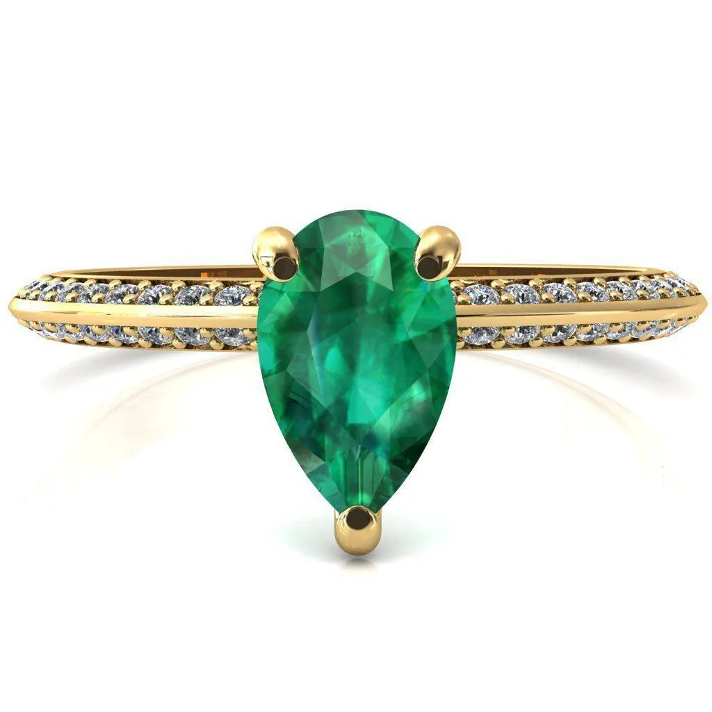 Nancy Pear Emerald 3 Prong 1/2 Eternity Diamond Knife Shank Accent Engagement Ring