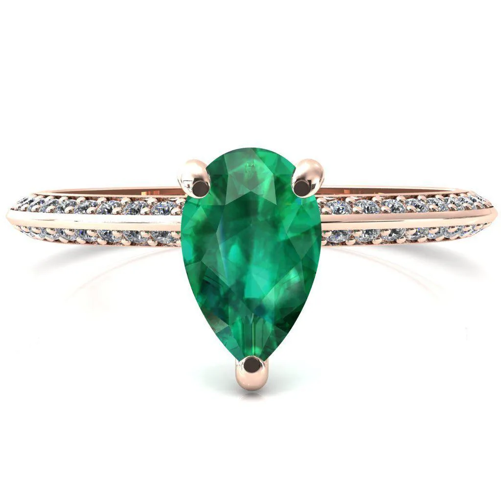 Nancy Pear Emerald 3 Prong 1/2 Eternity Diamond Knife Shank Accent Engagement Ring