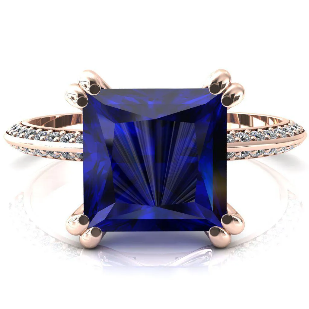 Nancy Princess Blue Sapphire 4 Double Prong 1/2 Eternity Diamond Knife Shank Accent Engagement Ring