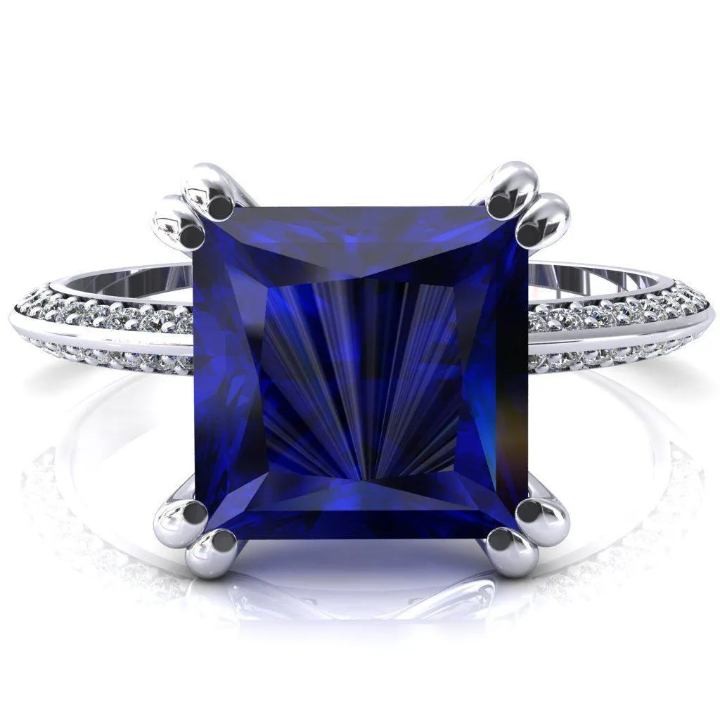 Nancy Princess Blue Sapphire 4 Double Prong 1/2 Eternity Diamond Knife Shank Accent Engagement Ring