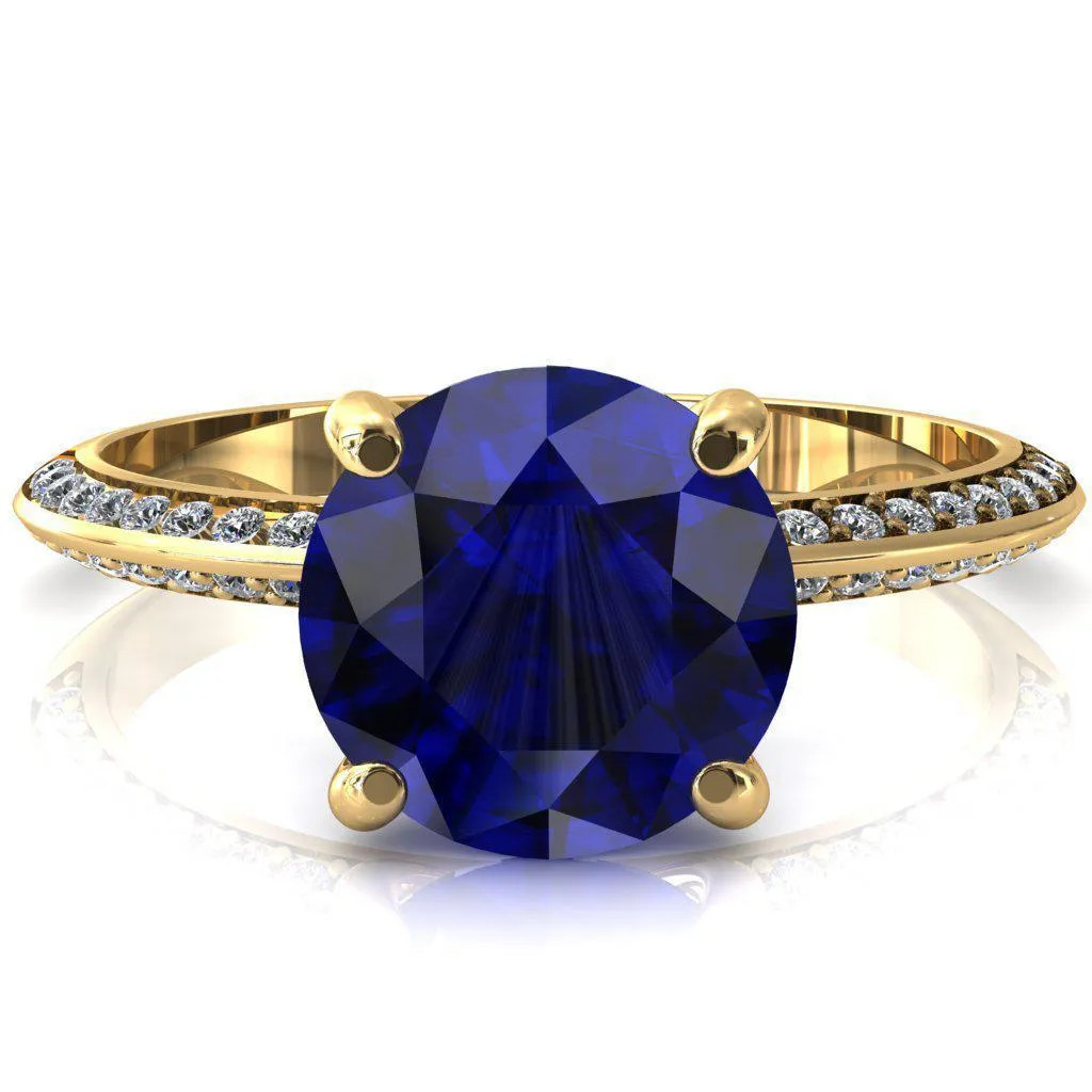 Nancy Round Blue Sapphire 4 Prong 1/2 Eternity Diamond Knife Shank Accent Engagement Ring