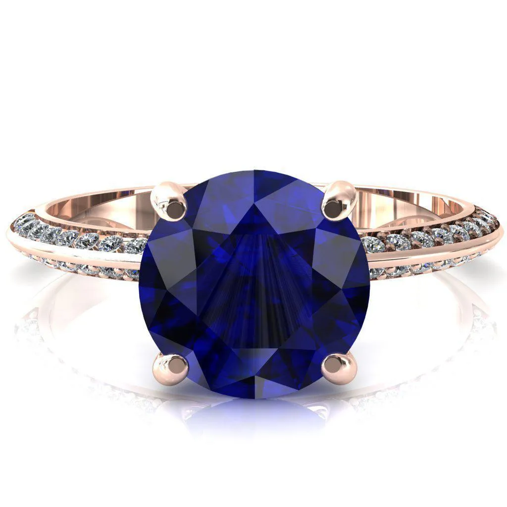 Nancy Round Blue Sapphire 4 Prong 1/2 Eternity Diamond Knife Shank Accent Engagement Ring