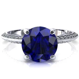 Nancy Round Blue Sapphire 4 Prong 1/2 Eternity Diamond Knife Shank Accent Engagement Ring