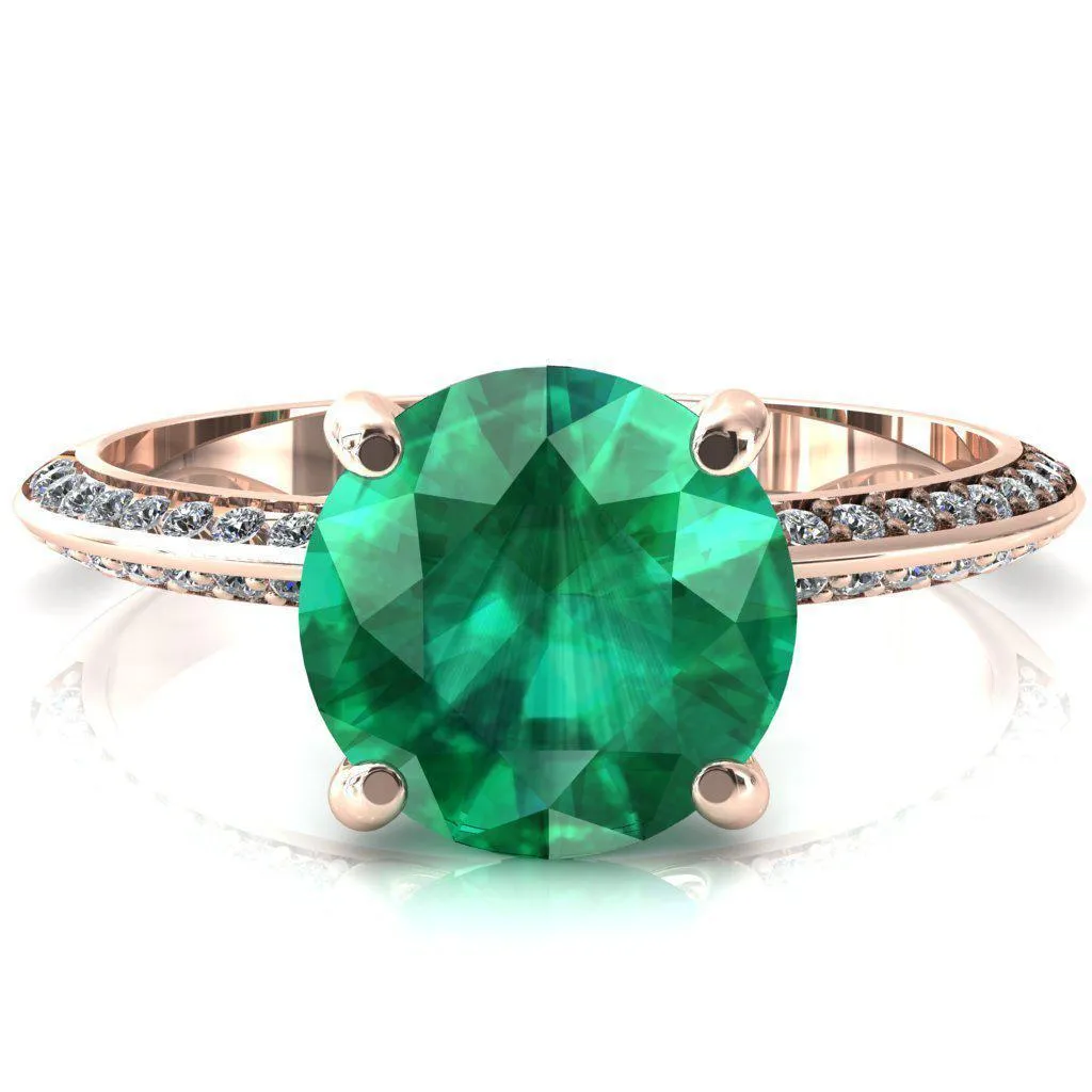 Nancy Round Emerald 4 Prong 1/2 Eternity Diamond Knife Shank Accent Engagement Ring