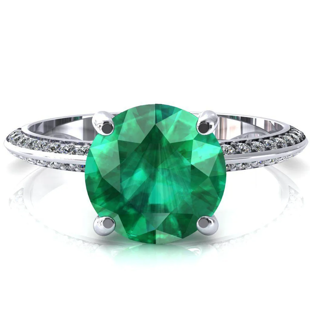 Nancy Round Emerald 4 Prong 1/2 Eternity Diamond Knife Shank Accent Engagement Ring
