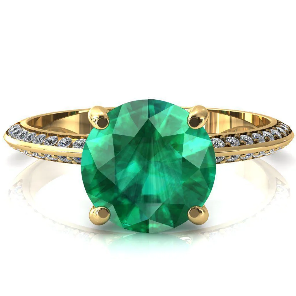 Nancy Round Emerald 4 Prong 1/2 Eternity Diamond Knife Shank Accent Engagement Ring