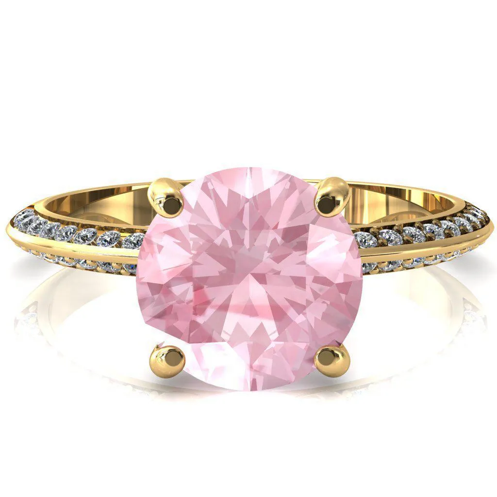 Nancy Round Pink Sapphire 4 Prong 1/2 Eternity Diamond Knife Shank Accent Engagement Ring