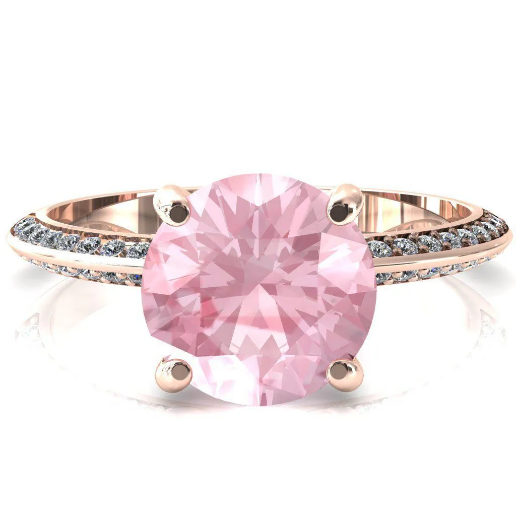 Nancy Round Pink Sapphire 4 Prong 1/2 Eternity Diamond Knife Shank Accent Engagement Ring